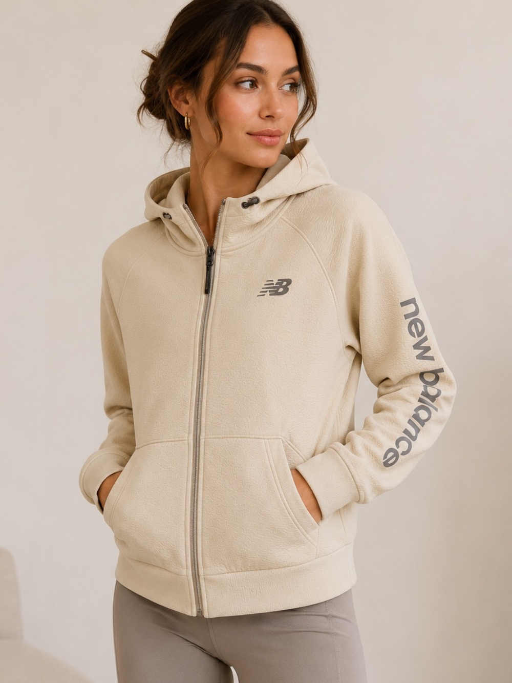 New Balance Zip Up Hoodie Jacket Smooth Scuba Material Size Large Cream